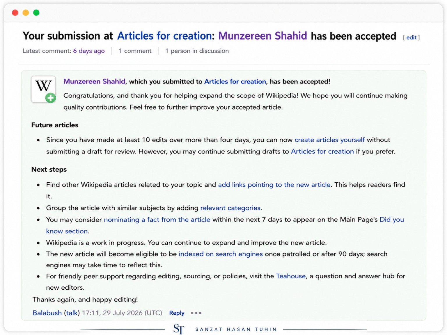Wikipedia article acceptance screenshot